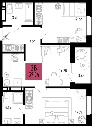 Планировка 2-комн. квартира, 59.04 м² ЖК «Столицыно»