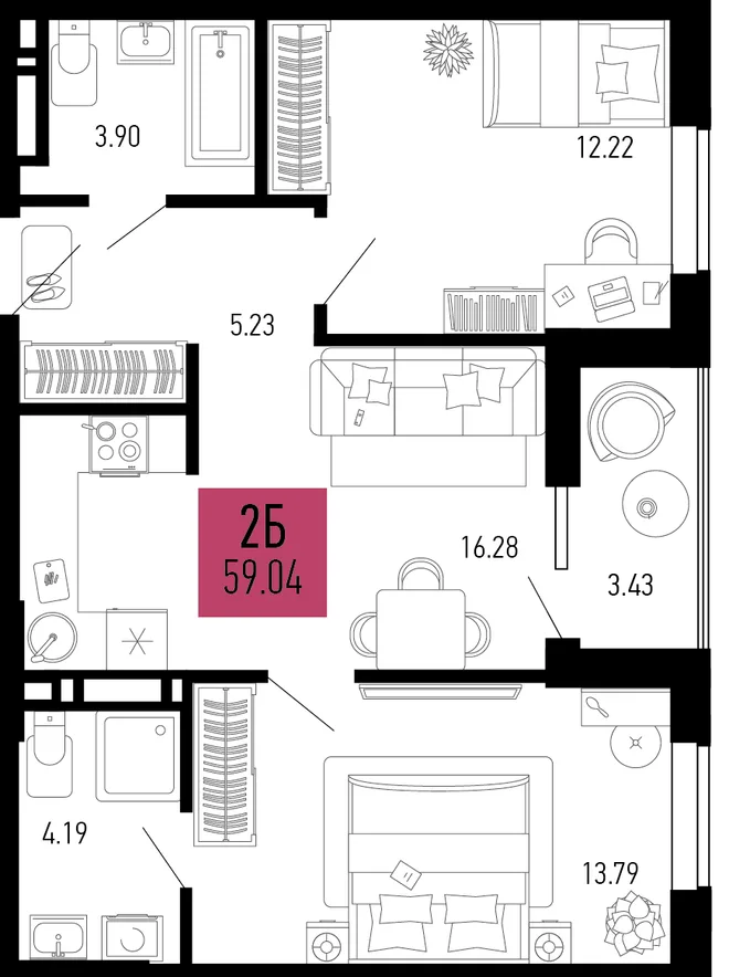 Планировка 2-комн. квартира, 59.04 м² ЖК «Столицыно» Планировка 2-комн. квартира, 59.04 м² ЖК «Столицыно»