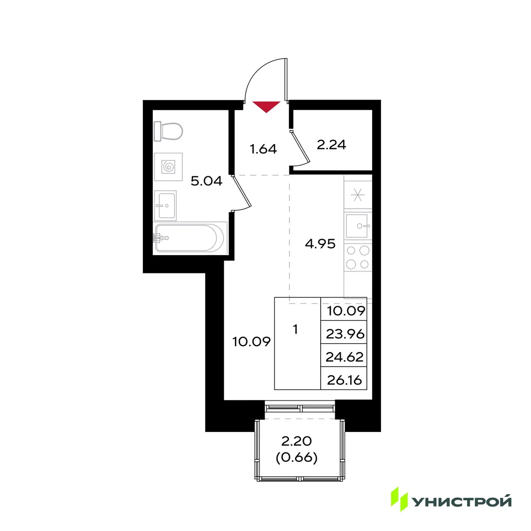 Планировка 1-комн. квартира, 24.62 м² ЖК «Уникум на Энгельса»