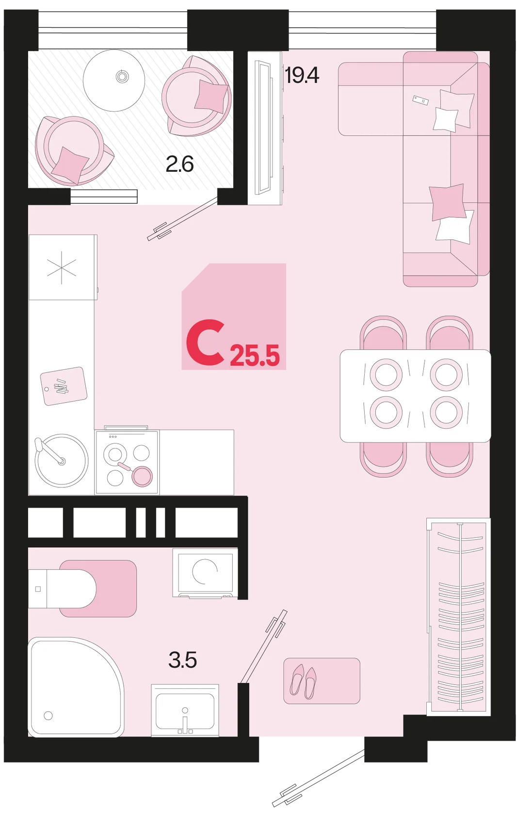 Планировка Студия, 25.5 м² ЖК «Первое место»