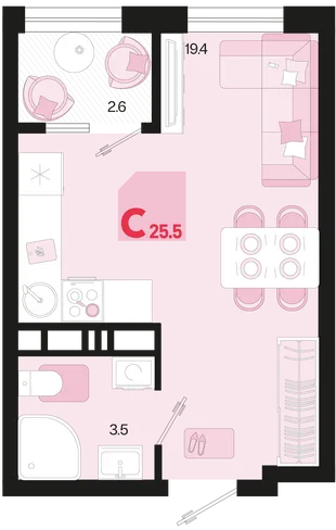 Планировка Студия, 25.5 м² ЖК «Первое место»