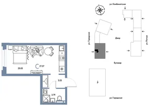 Планировка Студия, 27.37 м² ЖК «Уральский сад»