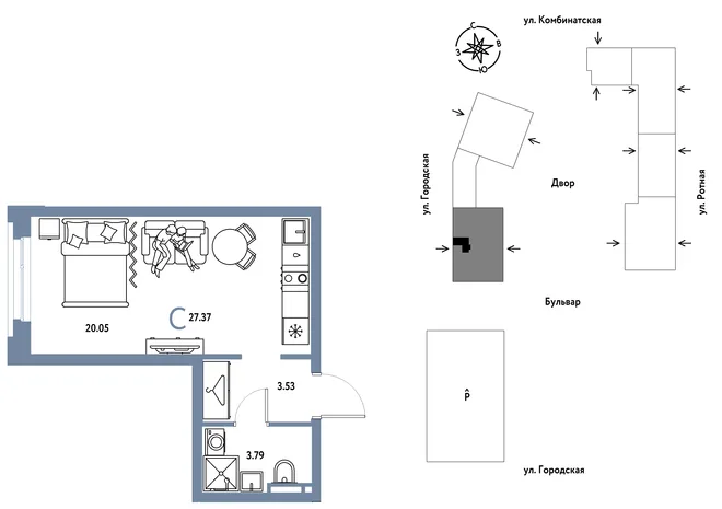 Планировка Студия, 27.37 м² ЖК «Уральский сад» Планировка Студия, 27.37 м² ЖК «Уральский сад»