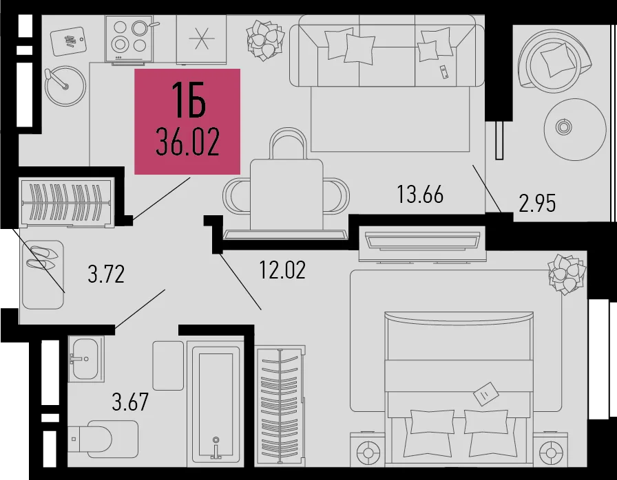 Планировка 1-комн. квартира, 36.02 м² ЖК «Столицыно»