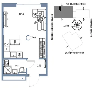 Планировка Студия, 27.44 м² ЖК «Страна Прибрежная»