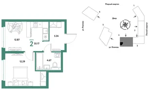 Планировка 2-комн. квартира, 35.17 м² ЖК «Сибирский сад»