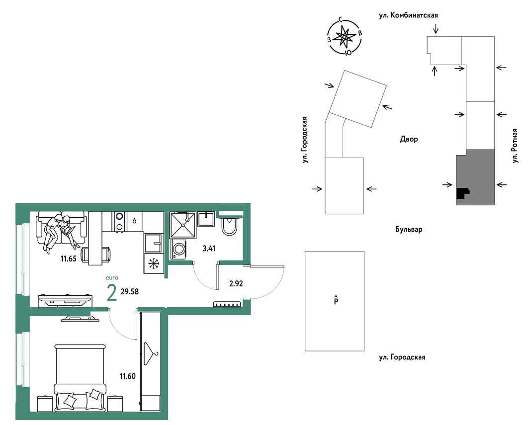 Планировка 2-комн. квартира, 29.58 м² ЖК «Уральский сад»