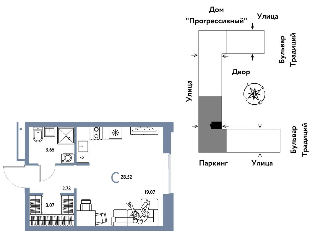 Планировка Студия, 28.52 м² ЖК «Микрорайон Домашний»