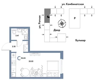 Планировка Студия, 26.55 м² ЖК «Уральский сад»