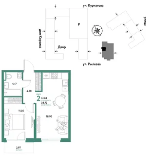 Планировка 2-комн. квартира, 41.69 м² ЖК «Остров-сад»