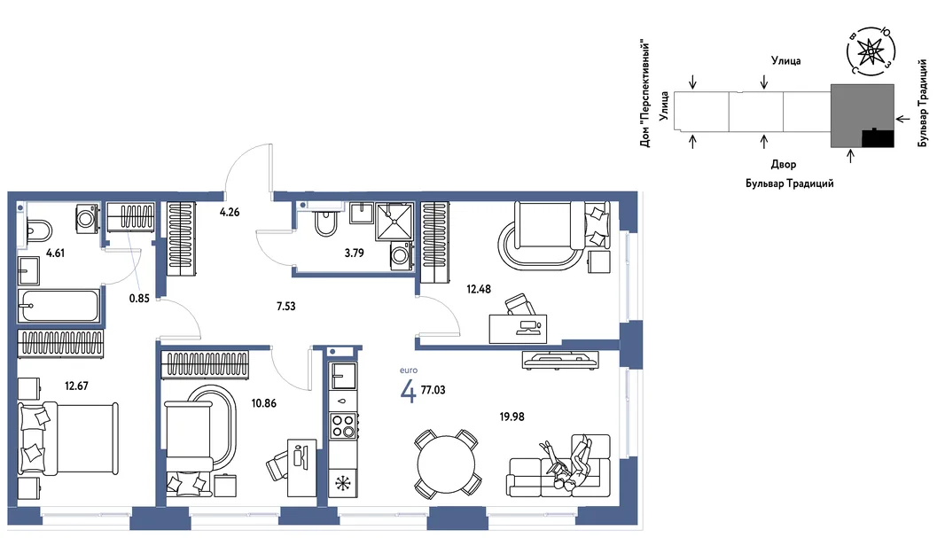 Планировка 4-комн. квартира, 77.14 м² ЖК «Микрорайон Домашний»