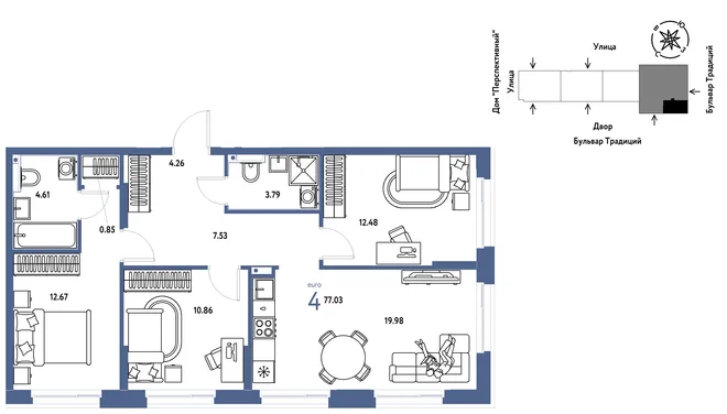 Планировка 4-комн. квартира, 77.14 м² ЖК «Микрорайон Домашний» Планировка 4-комн. квартира, 77.14 м² ЖК «Микрорайон Домашний»