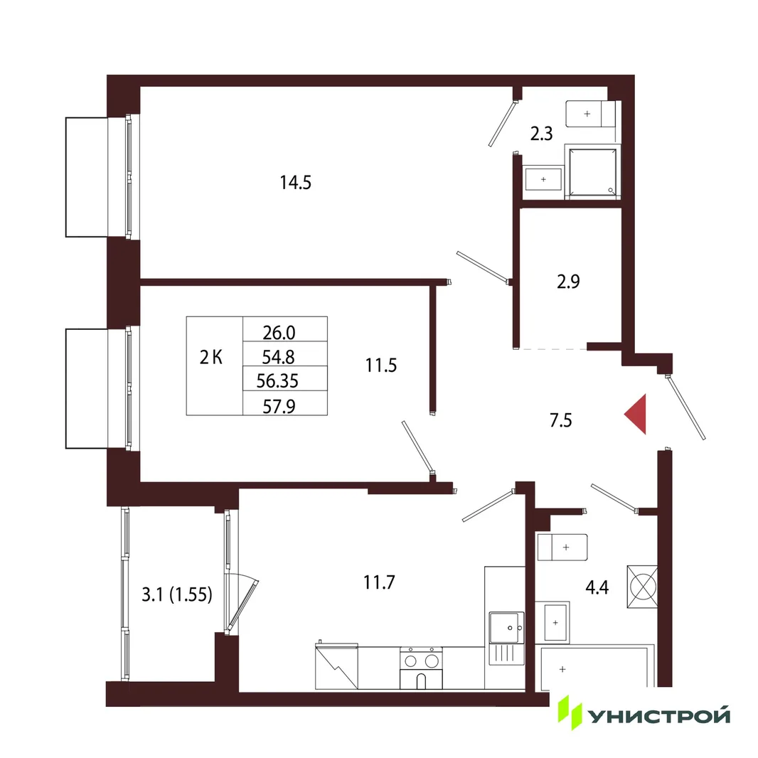 Планировка 2-комн. квартира, 56.35 м² ЖК «Лисино»