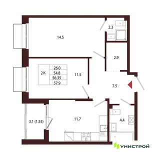Планировка 2-комн. квартира, 56.35 м² ЖК «Лисино»