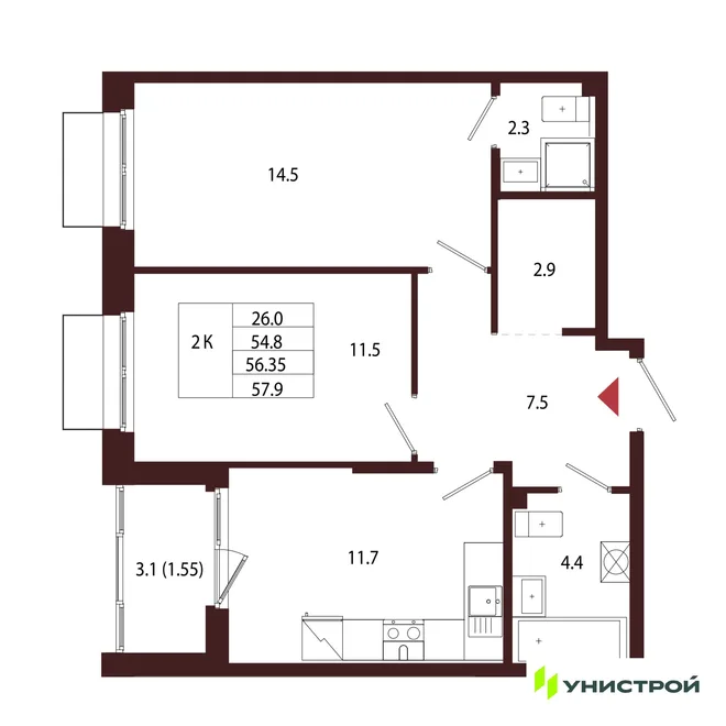 Планировка 2-комн. квартира, 56.35 м² ЖК «Лисино» Планировка 2-комн. квартира, 56.35 м² ЖК «Лисино»