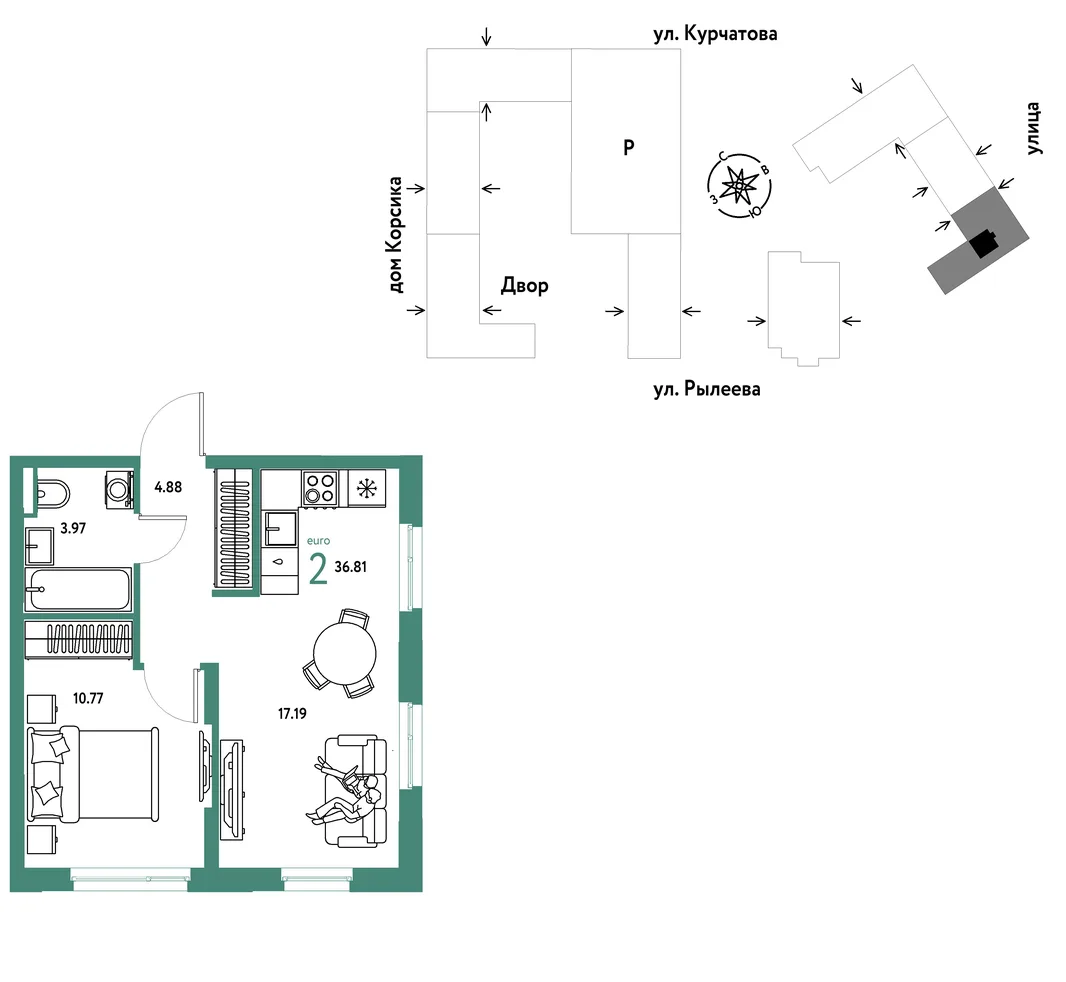 Планировка 2-комн. квартира, 37 м² ЖК «Остров-сад»