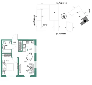 Планировка 2-комн. квартира, 37 м² ЖК «Остров-сад»