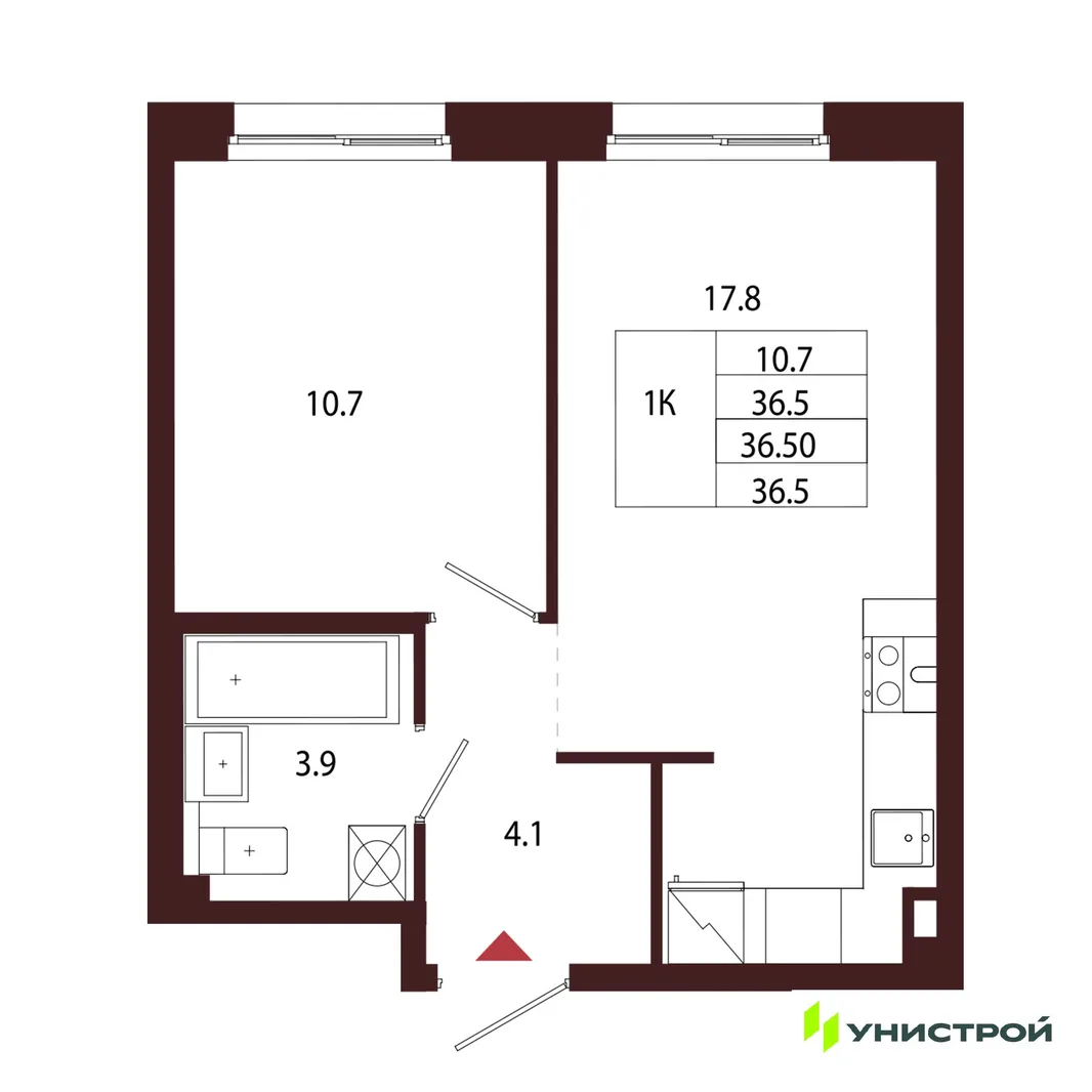 Планировка 1-комн. квартира, 36.5 м² ЖК «Лисино»