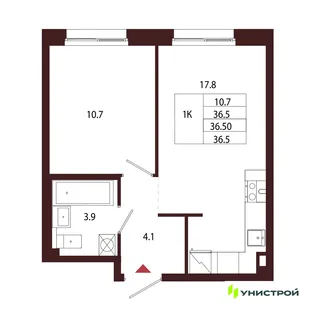 Планировка 1-комн. квартира, 36.5 м² ЖК «Лисино»