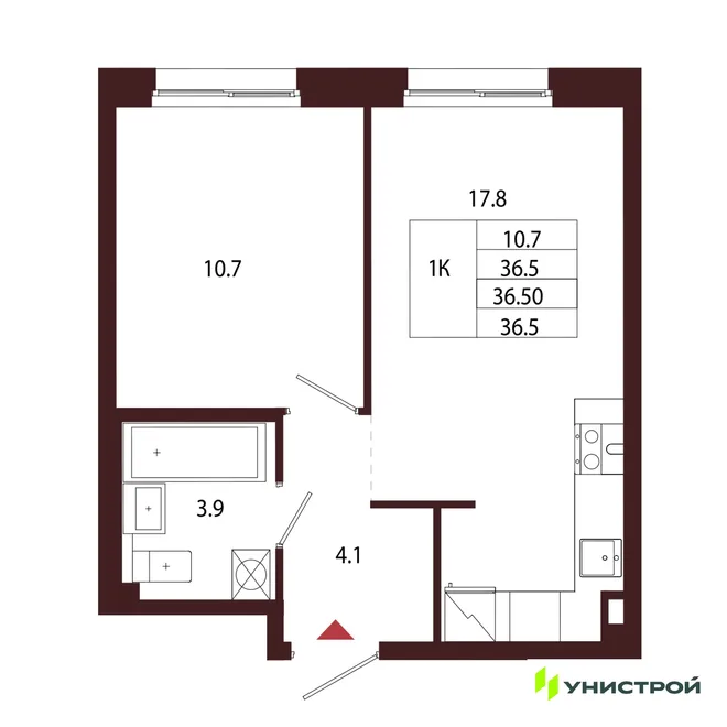 Планировка 1-комн. квартира, 36.5 м² ЖК «Лисино»