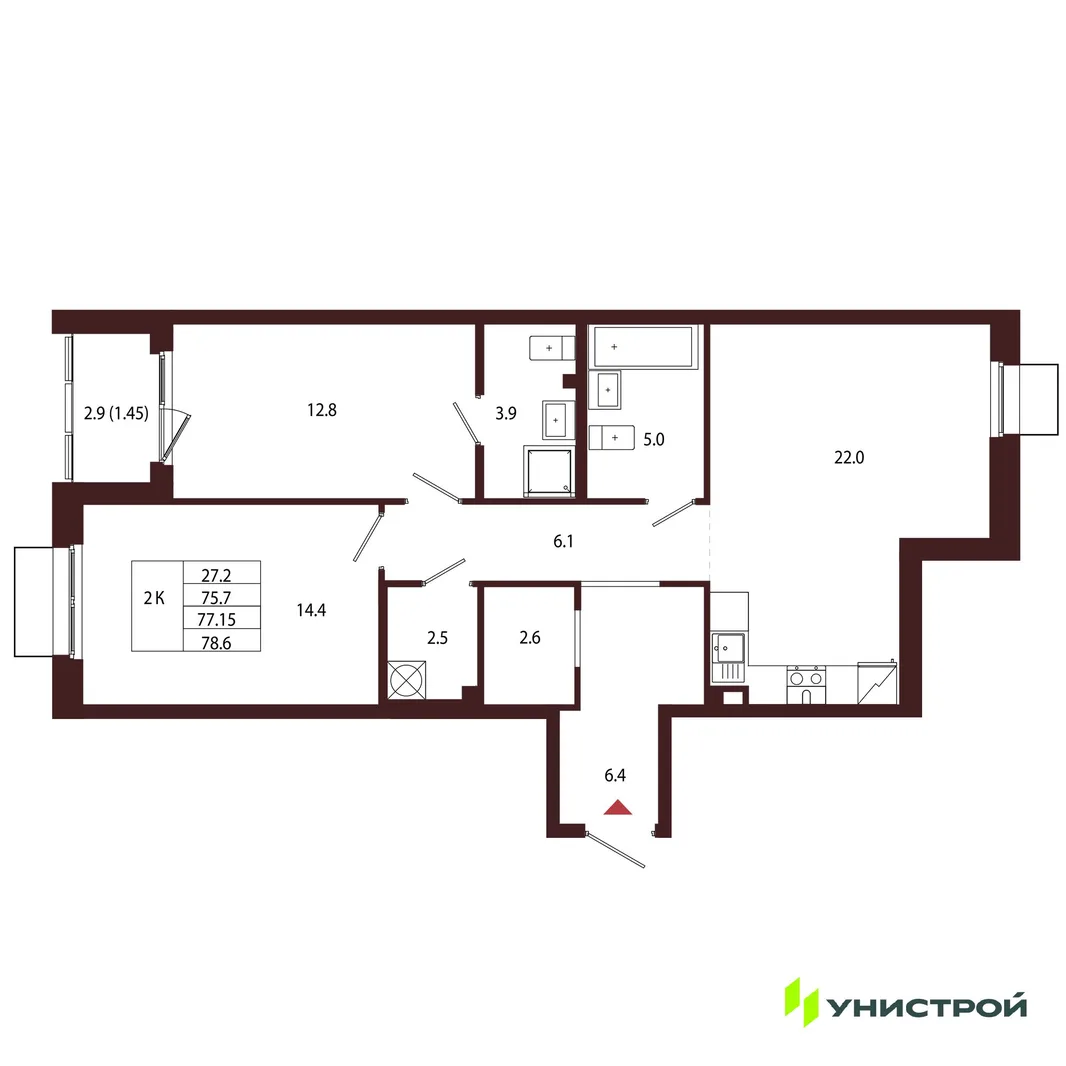 Планировка 2-комн. квартира, 77.15 м² ЖК «Лисино»