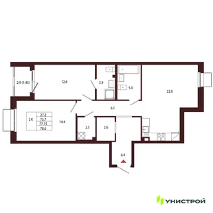 Планировка 2-комн. квартира, 77.15 м² ЖК «Лисино»