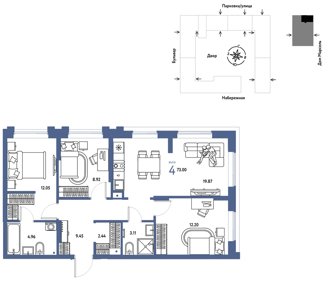 Планировка 4-комн. квартира, 73 м² ЖК «Европейский берег 2.0»