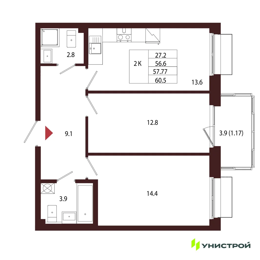 Планировка 2-комн. квартира, 57.77 м² ЖК «Лисино»