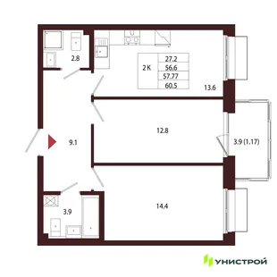 Планировка 2-комн. квартира, 57.77 м² ЖК «Лисино»