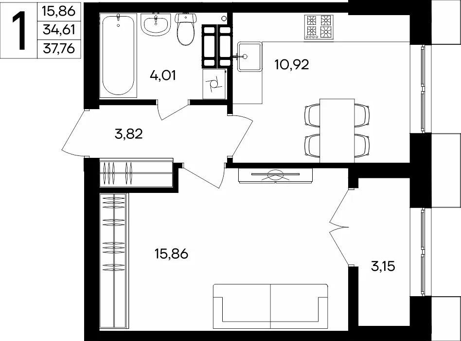 Планировка 1-комн. квартира, 37.76 м² ЖК «Семисчастье»