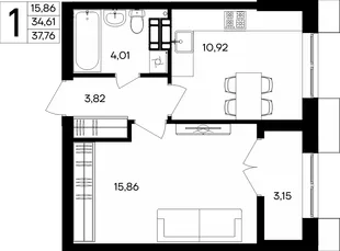Планировка 1-комн. квартира, 37.76 м² ЖК «Семисчастье»