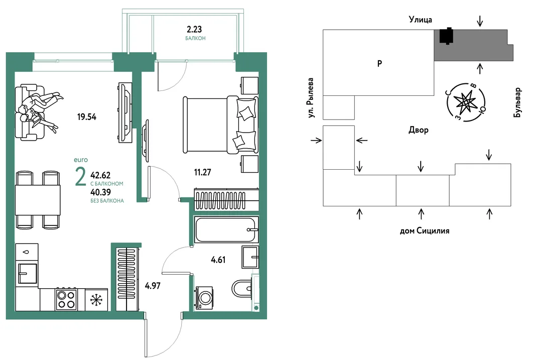 Планировка 2-комн. квартира, 42.62 м² ЖК «Остров-сад»