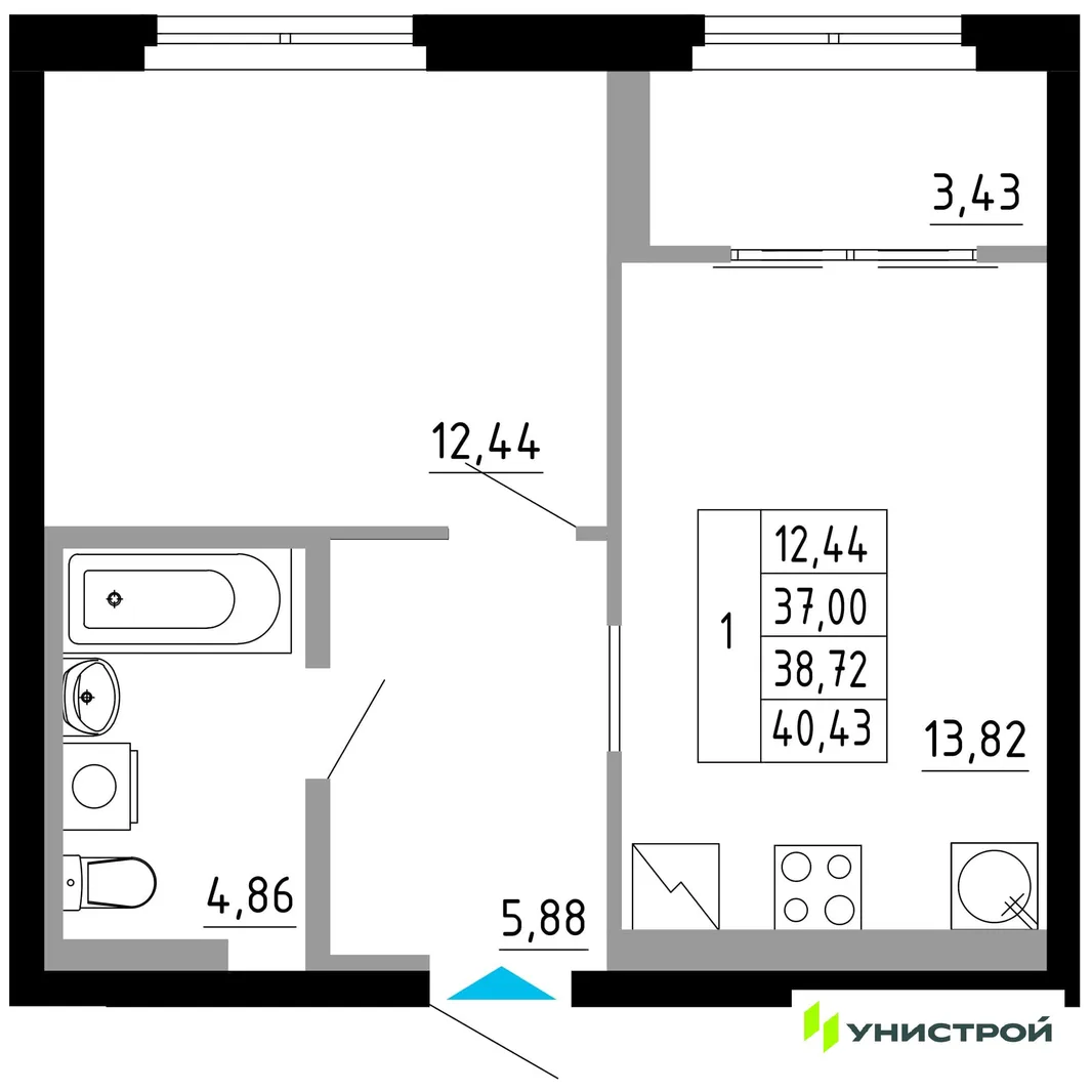 Планировка 1-комн. квартира, 38.72 м² ЖК «Небосклоны»