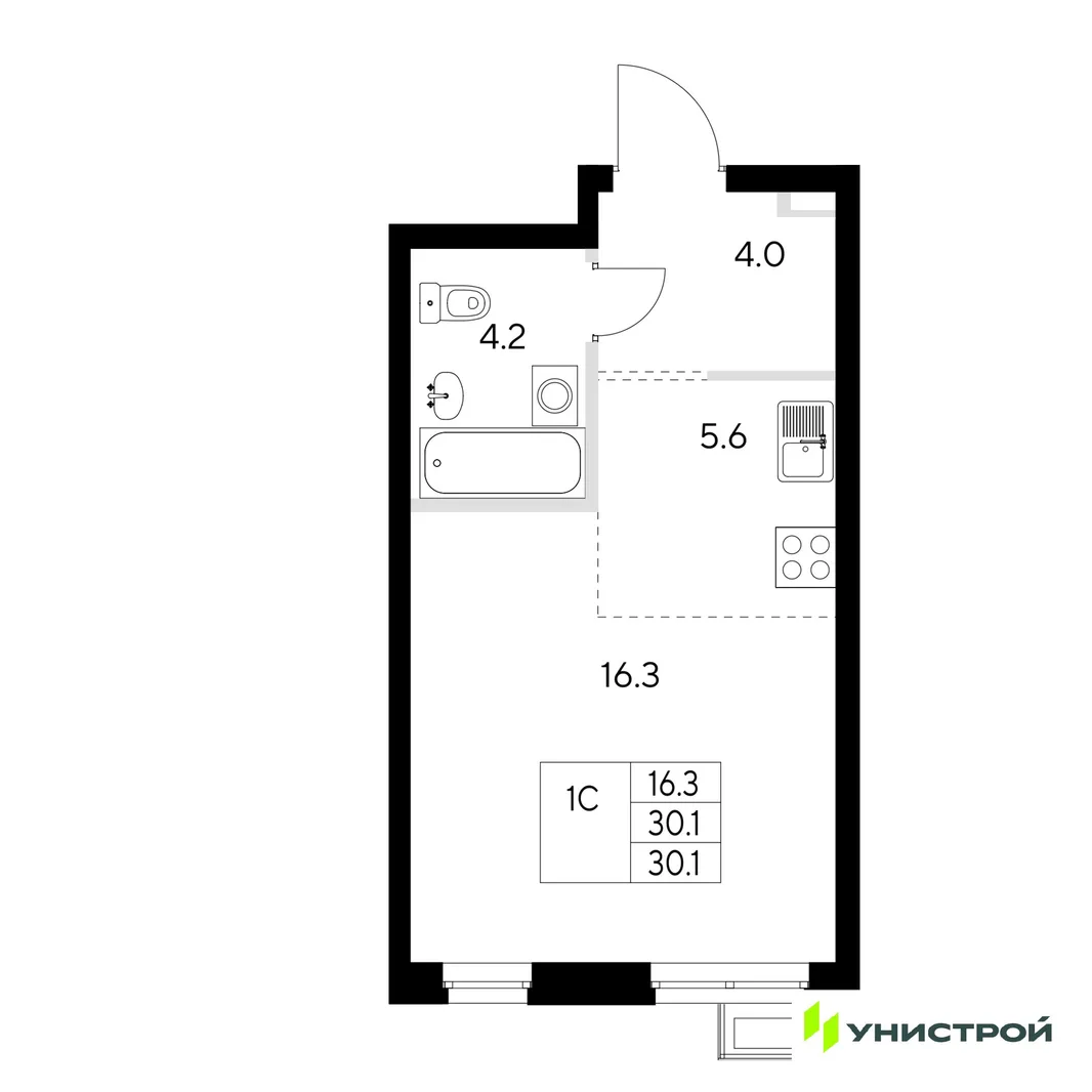 Планировка 1-комн. квартира, 30.1 м² ЖК «Стадиум»