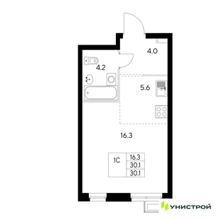 Планировка 1-комн. квартира, 30.1 м² ЖК «Стадиум»