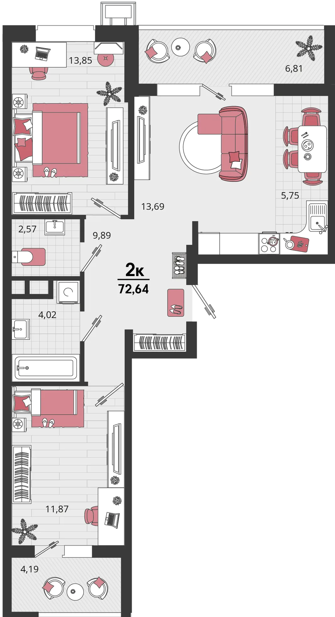 Планировка 3-комн. квартира, 72.64 м² ЖК «Родные просторы»