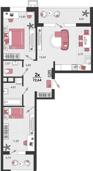 Планировка 3-комн. квартира, 72.64 м² ЖК «Родные просторы»