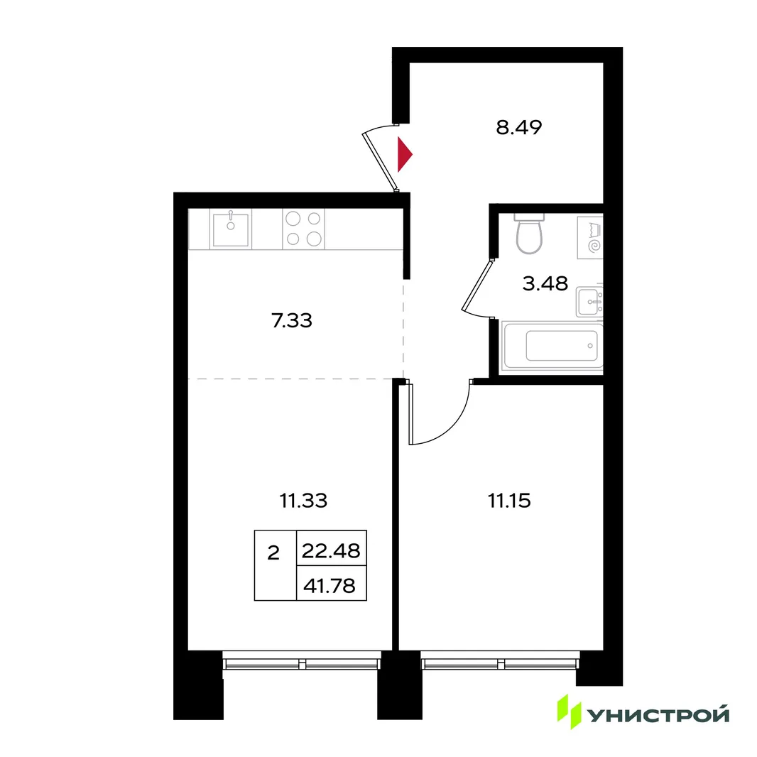 Планировка 2-комн. квартира, 41.87 м² ЖК «Уникум на Энгельса»
