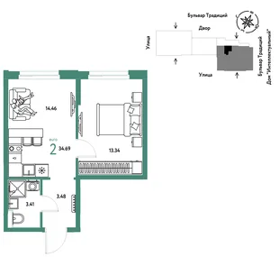 Планировка 2-комн. квартира, 34.69 м² ЖК «Микрорайон Домашний»
