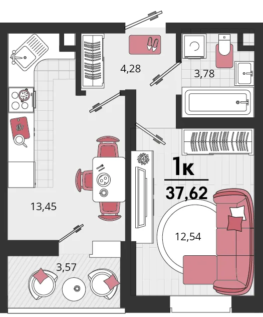 Планировка 1-комн. квартира, 37.62 м² ЖК «Родные просторы»