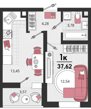 Планировка 1-комн. квартира, 37.62 м² ЖК «Родные просторы»