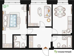 Планировка 2-комн. квартира, 61.44 м² ЖК «Жилой кластер Q на Кулагина»