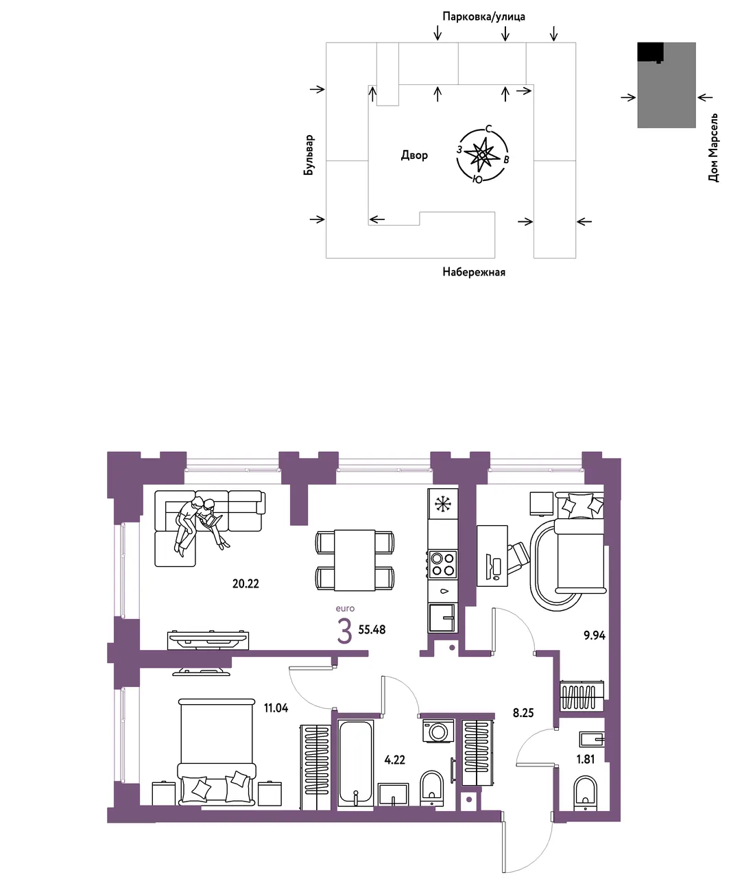 Планировка 3-комн. квартира, 55.48 м² ЖК «Европейский берег 2.0»