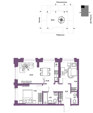 Планировка 3-комн. квартира, 55.48 м² ЖК «Европейский берег 2.0»