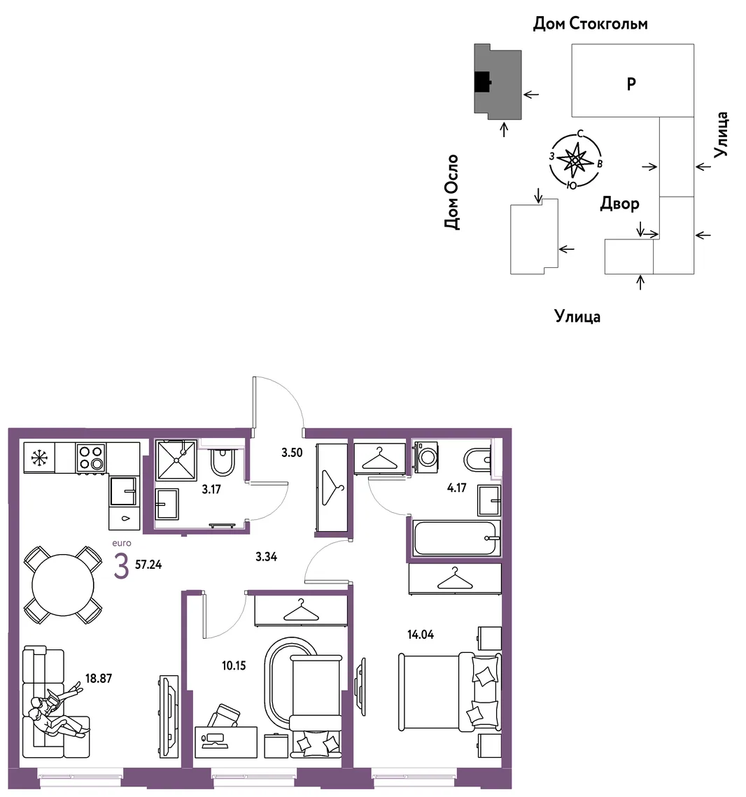 Планировка 3-комн. квартира, 57.24 м² ЖК «Европейский берег 2.0»