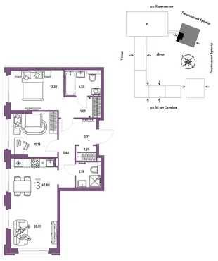 Планировка 3-комн. квартира, 62.88 м² ЖК «Сердце Сибири»
