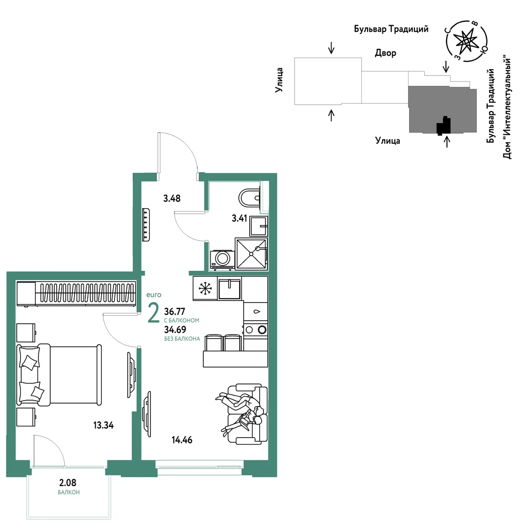 Планировка 2-комн. квартира, 36.77 м² ЖК «Микрорайон Домашний»