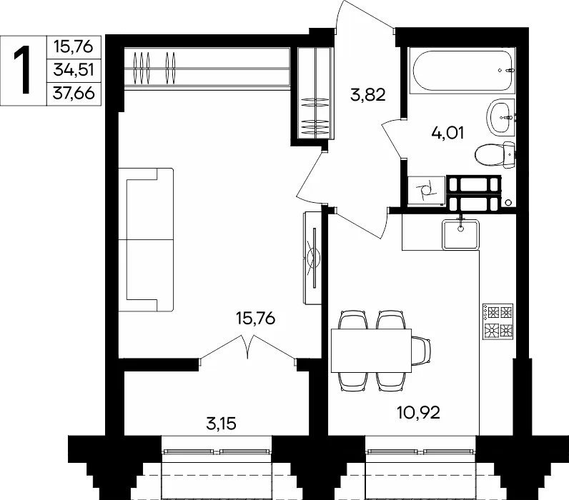 Планировка 1-комн. квартира, 37.66 м² ЖК «Семисчастье»