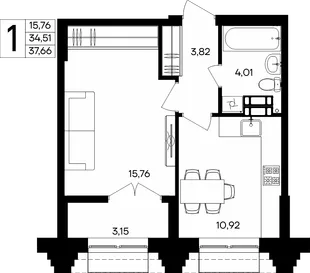 Планировка 1-комн. квартира, 37.66 м² ЖК «Семисчастье»