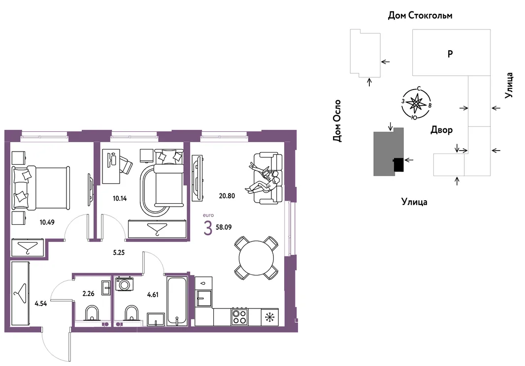 Планировка 3-комн. квартира, 58.09 м² ЖК «Европейский берег 2.0»